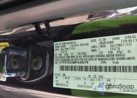 2021 Ford F-150 Xl z USA, uszkodzony, nr VIN 1FTFX1E53MFA39278